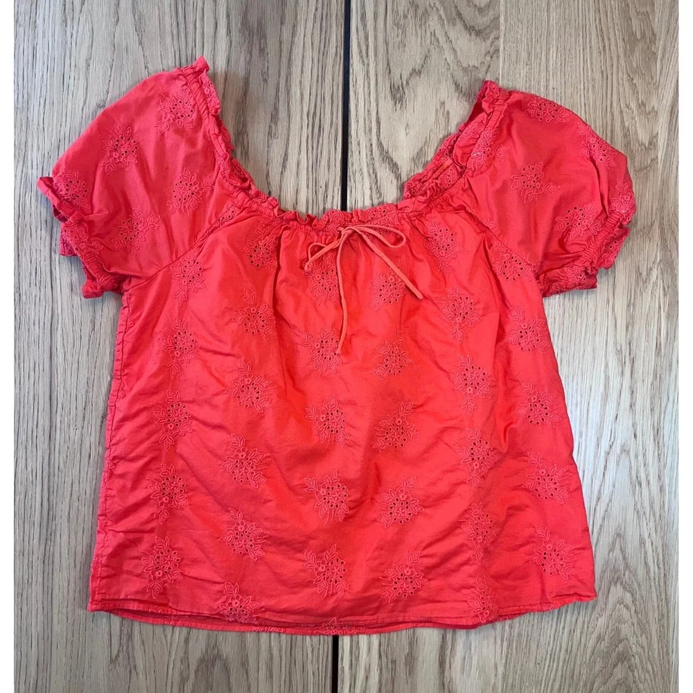 J.Crew Eyelet Puff Sleeve Blouse Womens Small Red Prairie Cottagecore Top